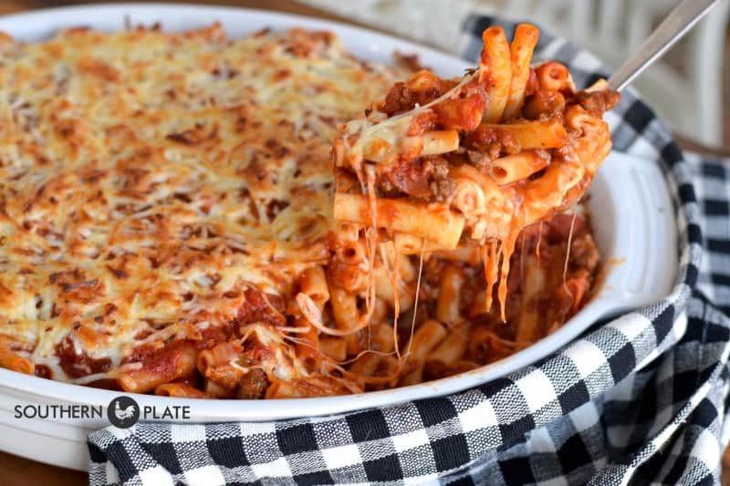 Spoonful of easy baked ziti.