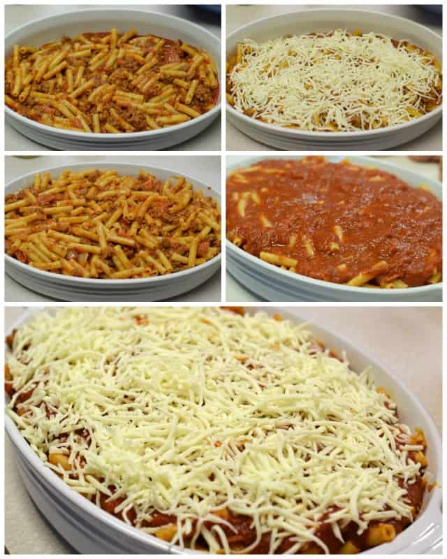 Layer spaghetti sauce, ziti, cheese, ziti, more sauce, and more cheese in baking dish.
