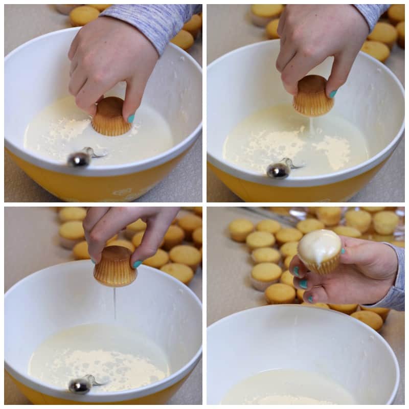 Dip cupcake tops into vanilla glaze.