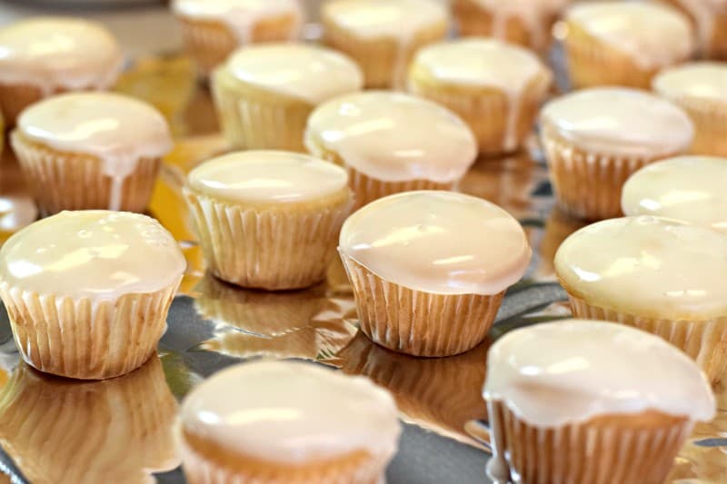 Cake mix cupcakes with vanilla glaze.