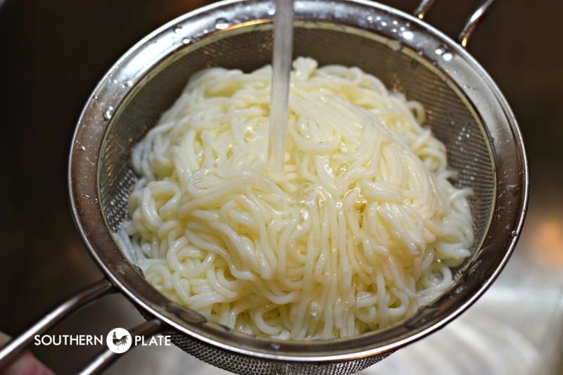 Rinse noodles before cooking with them.