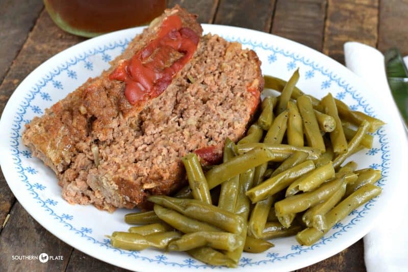 green beans and meatloaf 
