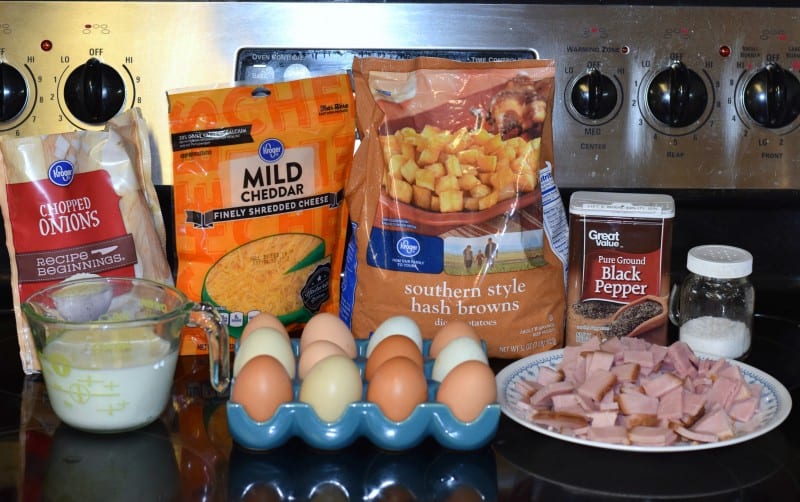 Ingredients for Ham, Egg, and Cheese Casserole.
