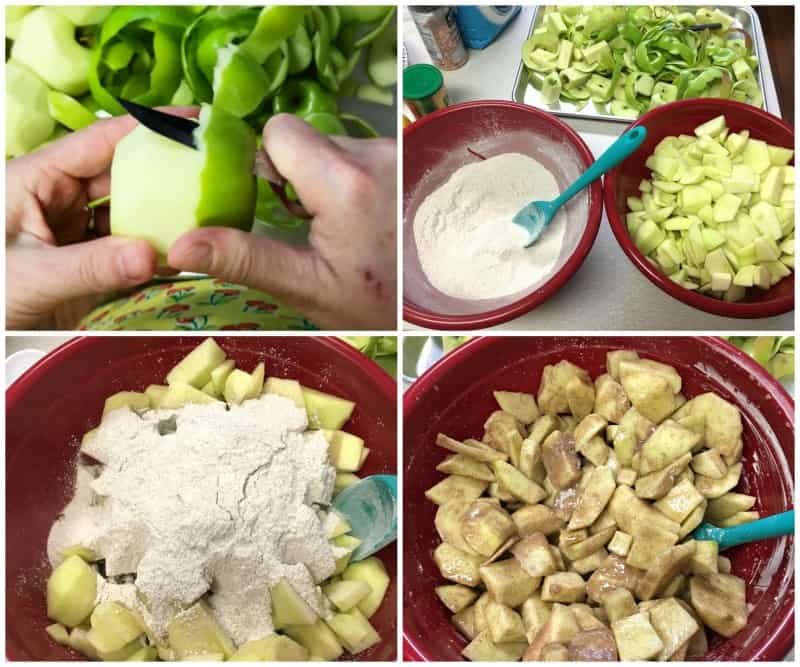 Cutting apples and mixing ingredients to make frozen apple pie filling.