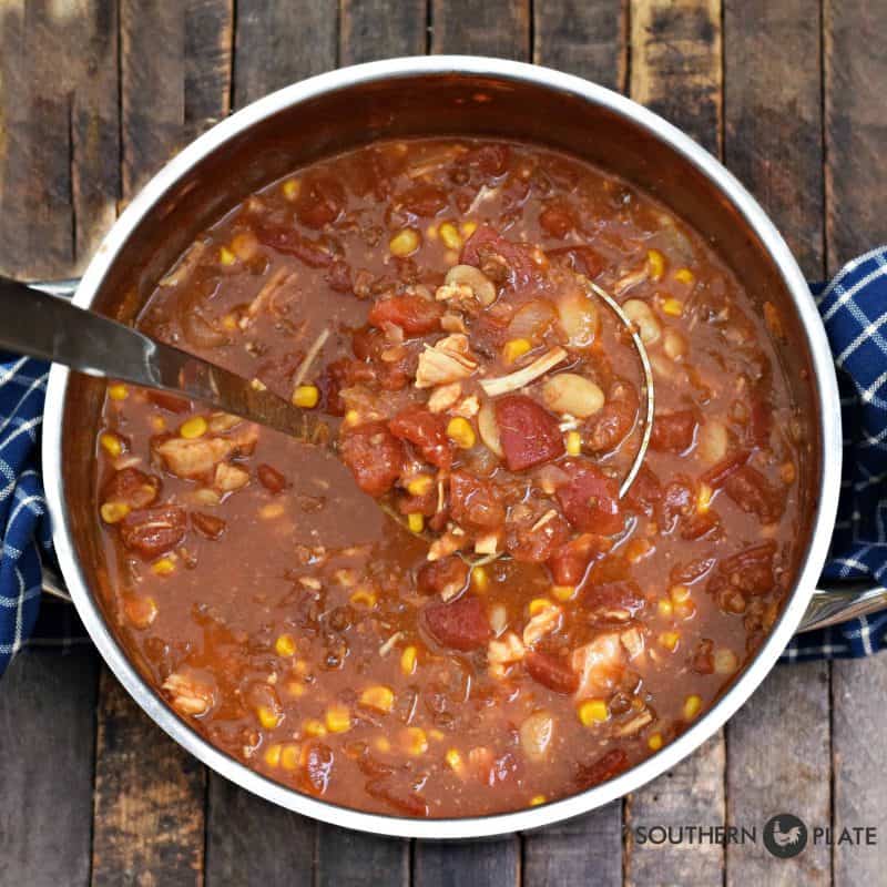 Dump all ingredients in a pot, stir, and simmer for an hour.