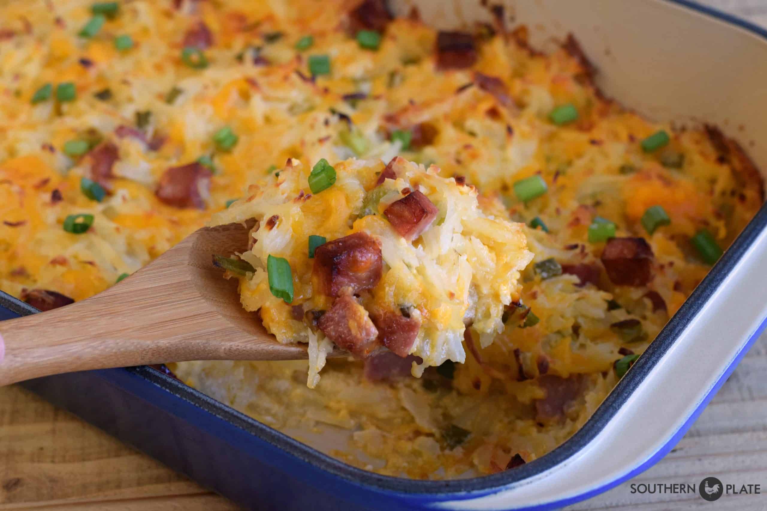 Deluxe hash brown casserole with Thanksgiving ham leftovers