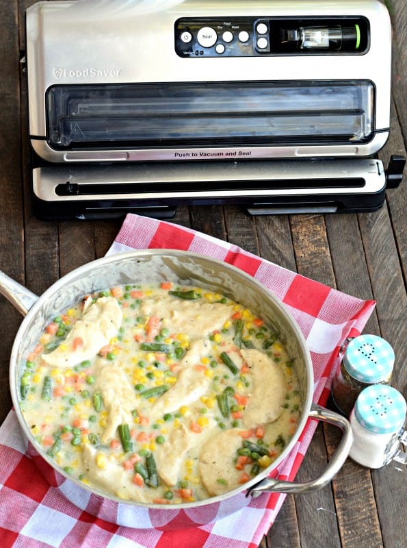 Crustless chicken pot pie in skillet.