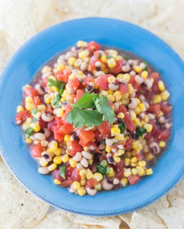 Texas Caviar in bowl, served with corn chips.