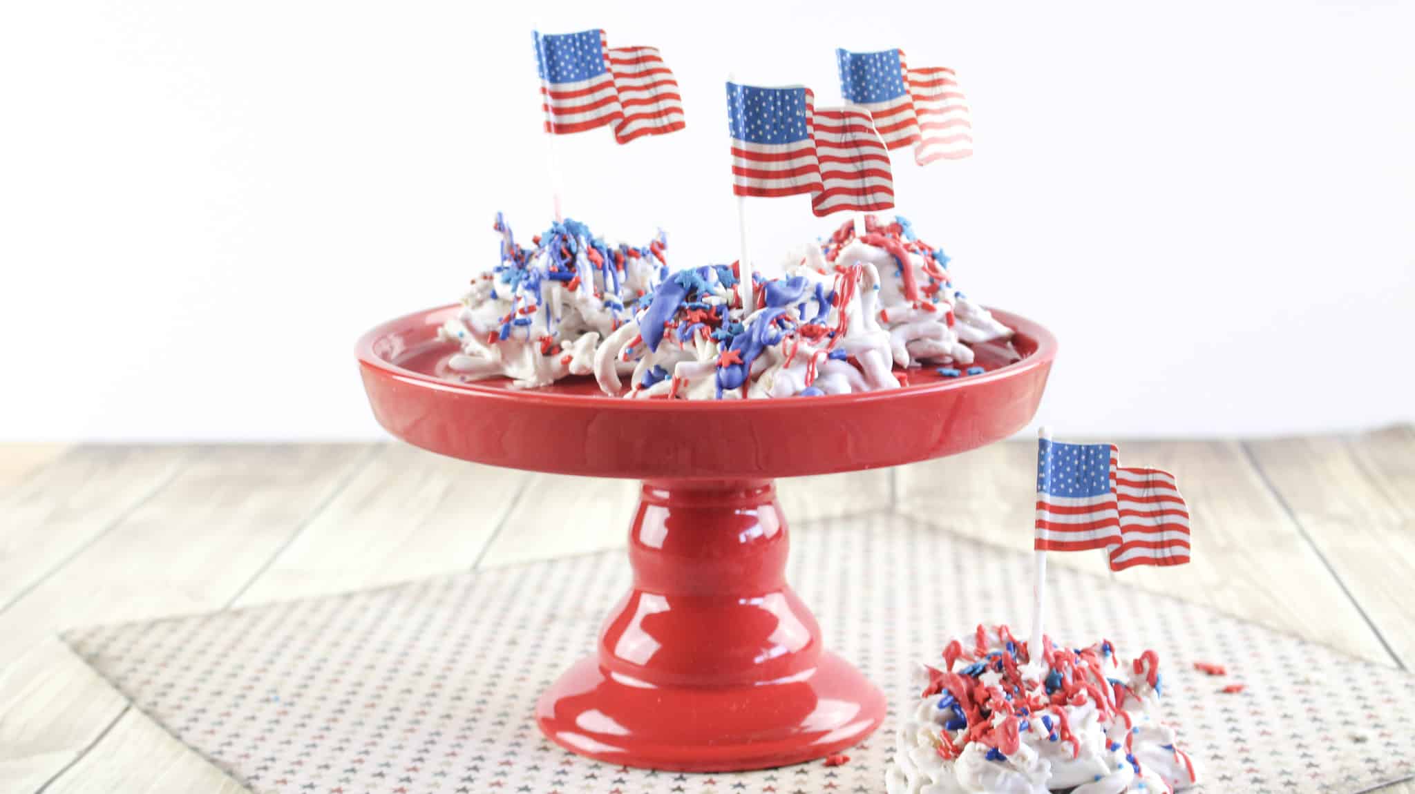 Ole glory haystacks on a cake tray, one of the best 4th of July recipes.