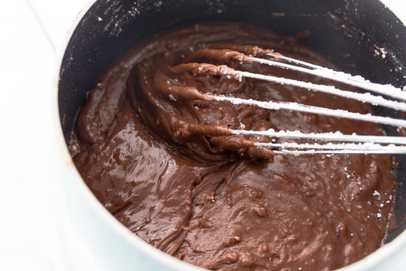 Boil chocolate frosting ingredients in saucepan.