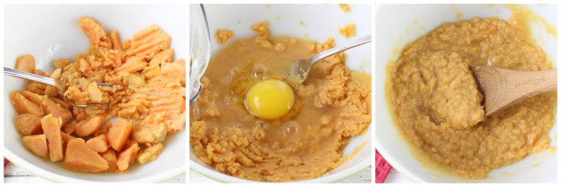 Mix together the mashed sweet potato, egg, and water.