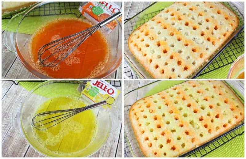 Make lemon and orange gelatin and alternate pouring in rows on cake.