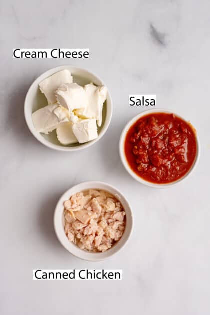 Labeled ingredients for cream cheese salsa dip recipe.
