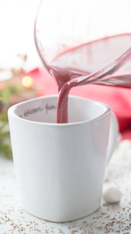 Pouring hot chocolate into mug.