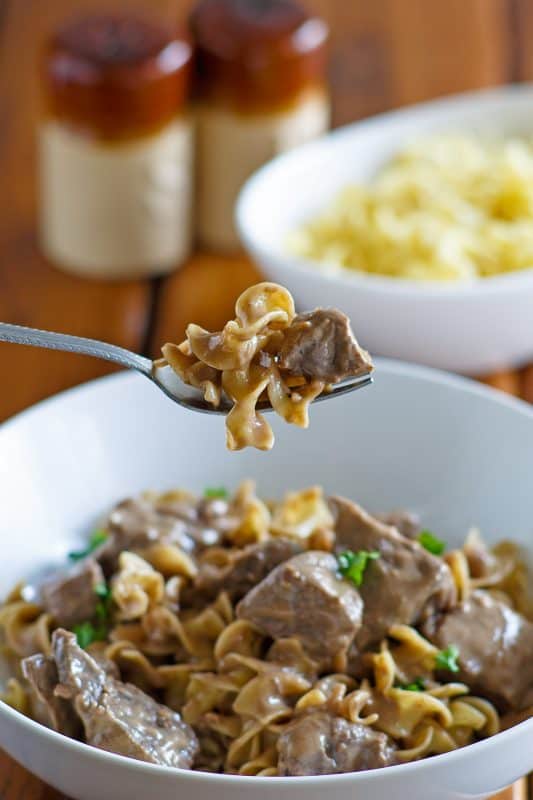 Forkful of crock pot beef burgundy.