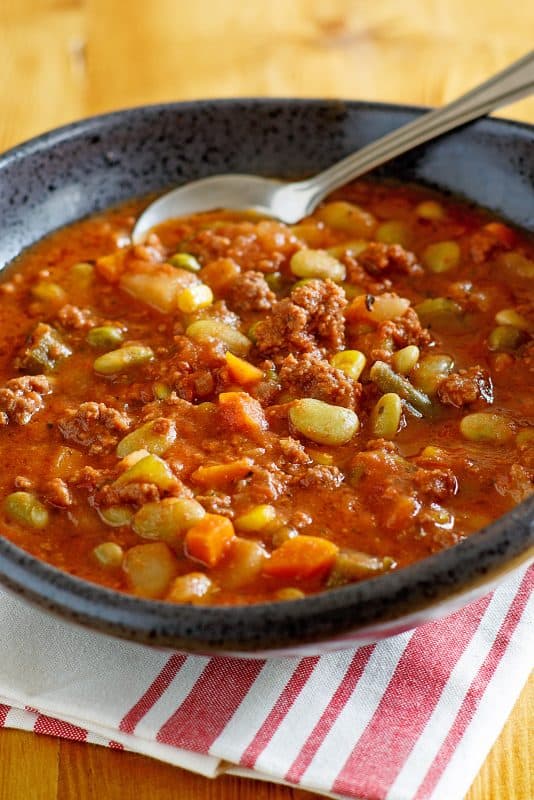 Bowl of beef stew cooked in the crockpot.