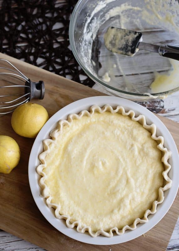 Final step in our lemon chess recipe - the pie is ready to go into the oven.