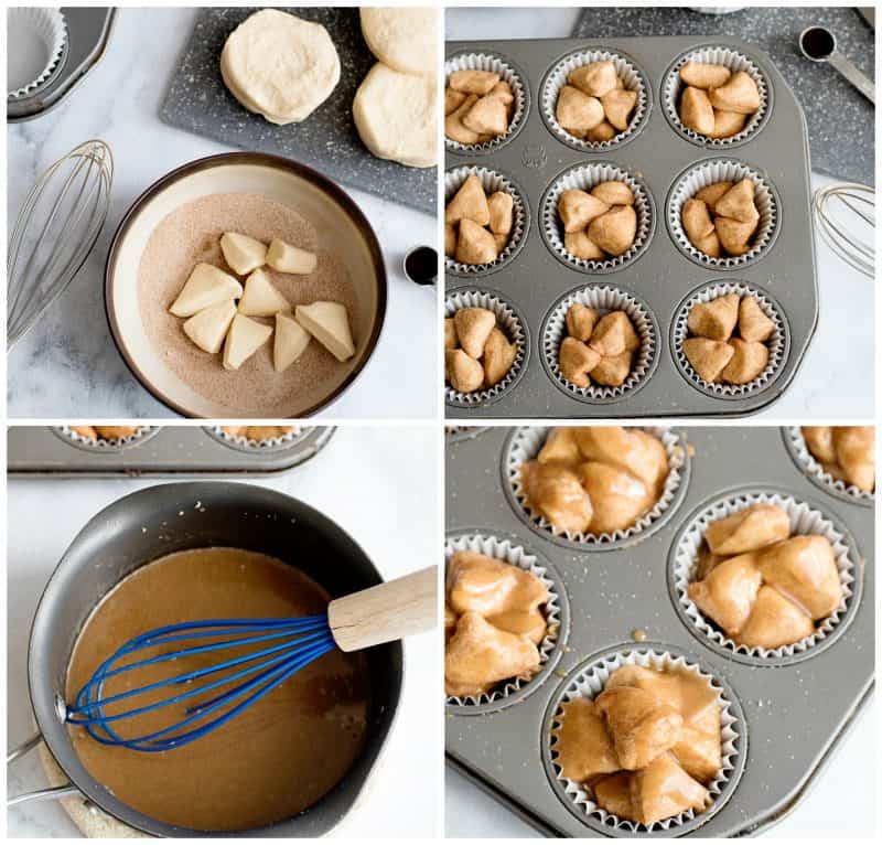 Place biscuit pieces in cinnamon sugar, add to muffin tin, and drizzle with brown sugar mixture.