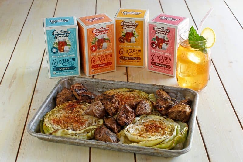 Sheet pan cabbage and beef with range of Southern Breeze sweet teas.