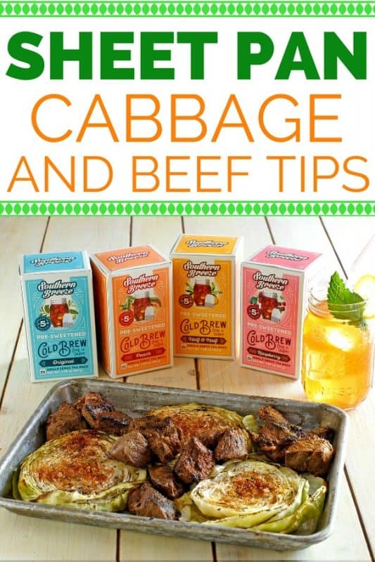 Sheet pan cabbage and beef pin image.