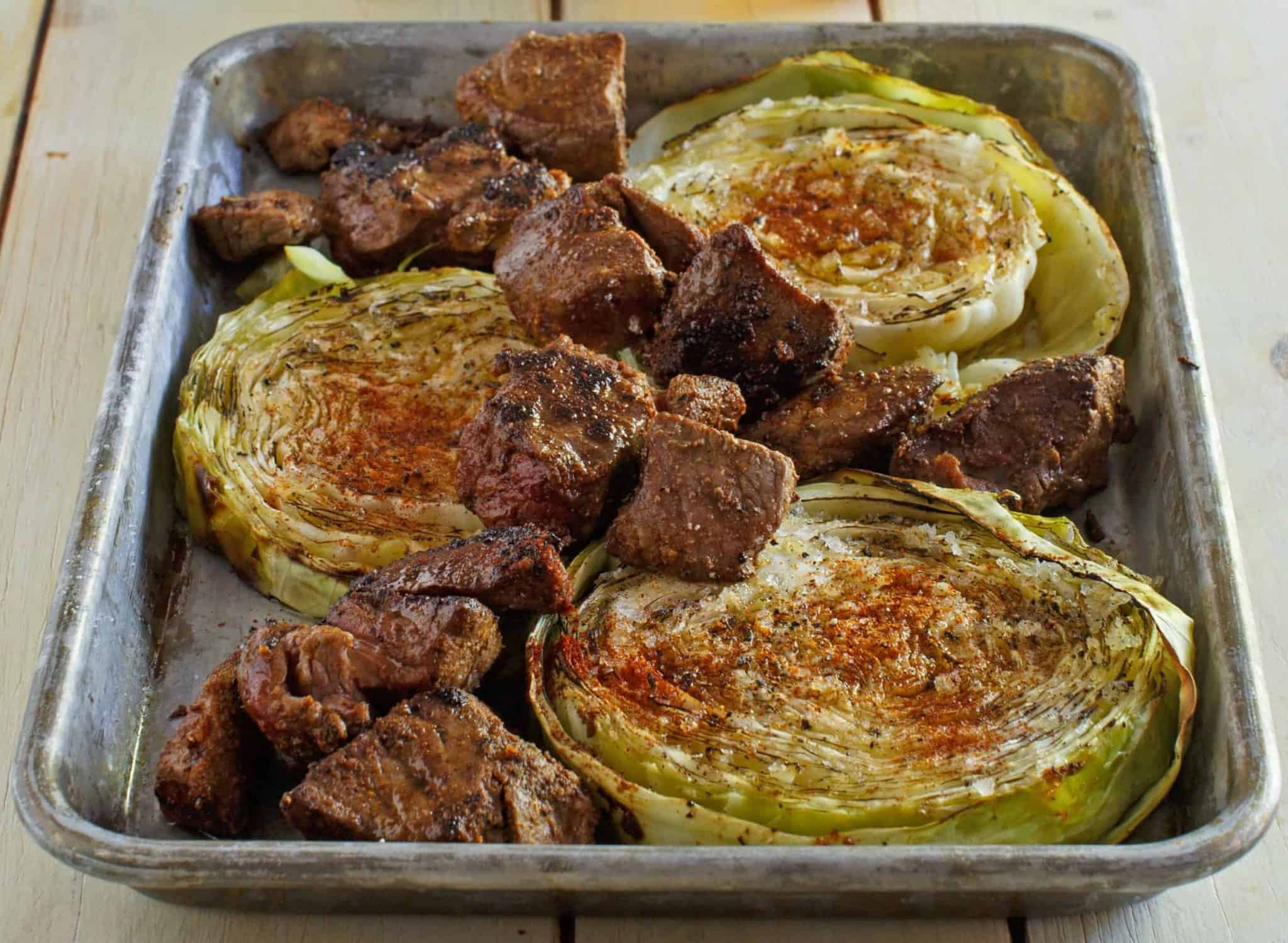 Baked sheet pan cabbage with beef.