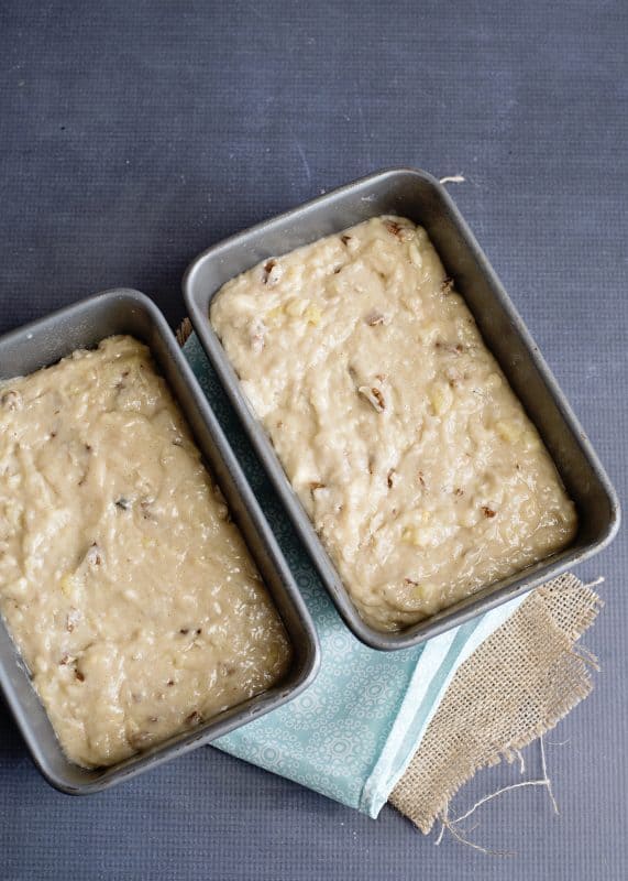 Divide batter between two loaf pans and bake.