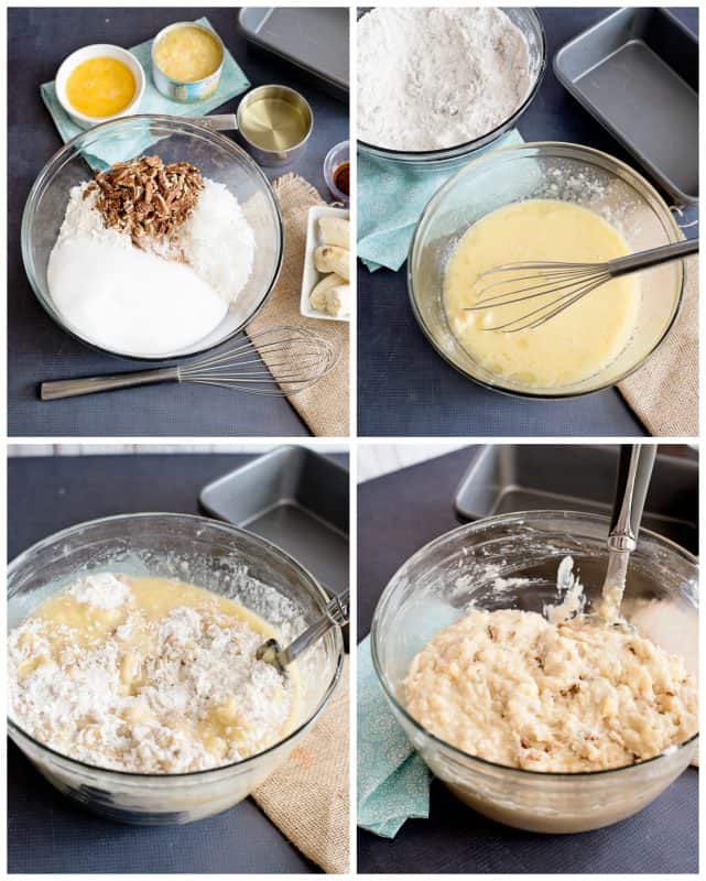 Combine dry ingredients in one bowl, wet ingredients in another, then combine the two together.