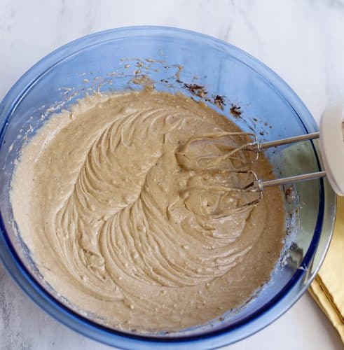 Beat cake ingredients together in mixing bowl.