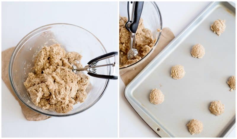 Cookie dough and balls on baking sheet.