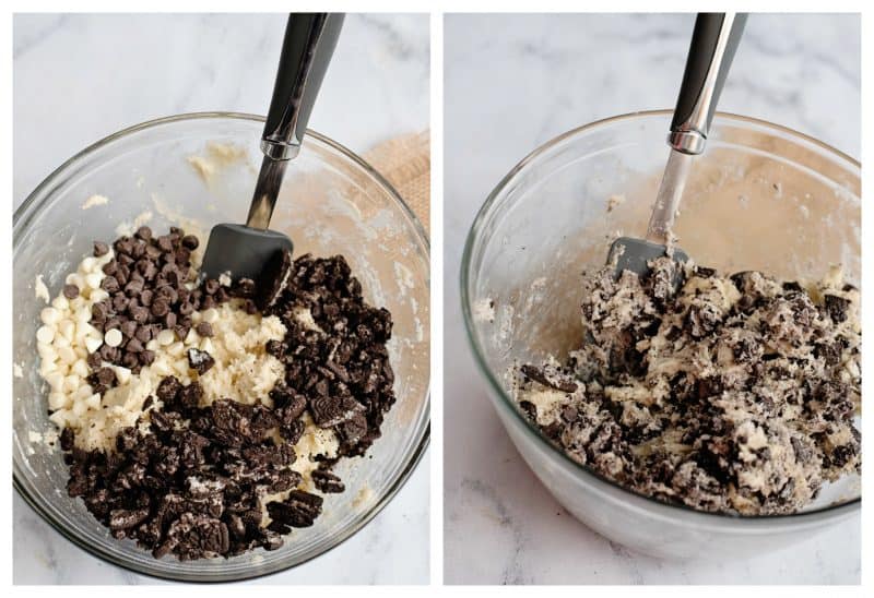 Fold chocolate and cookies into dough and mix well.