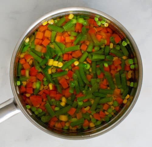 Cook veggies in saucepan with water until tender.