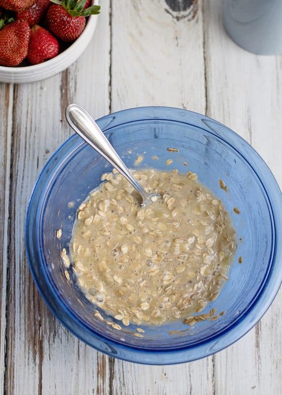 Pancake batter with oats and cinnamon mixed in.