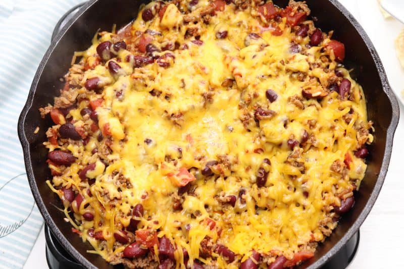 Chili bake casserole in skillet.