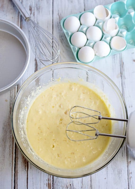 cake batter in a mixing bowl.