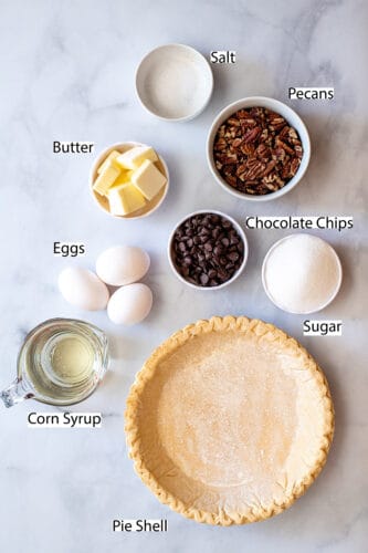 Ingredients for chocolate pecan pie.