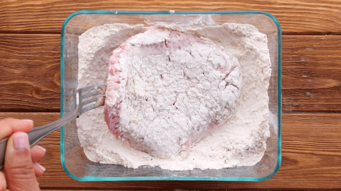 Then dip steaks back into the flour mixture.