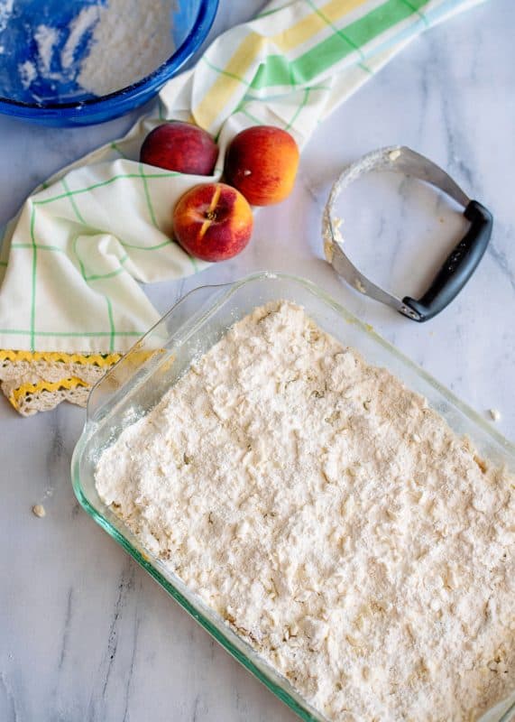 Topping ready to bake for the peach bars