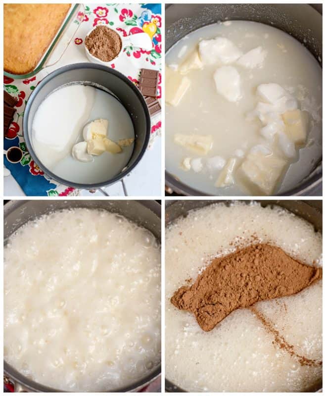 Boiling the icing ingredients.