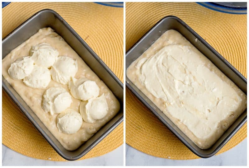 Layer cream cheese filling between batter in loaf pan.