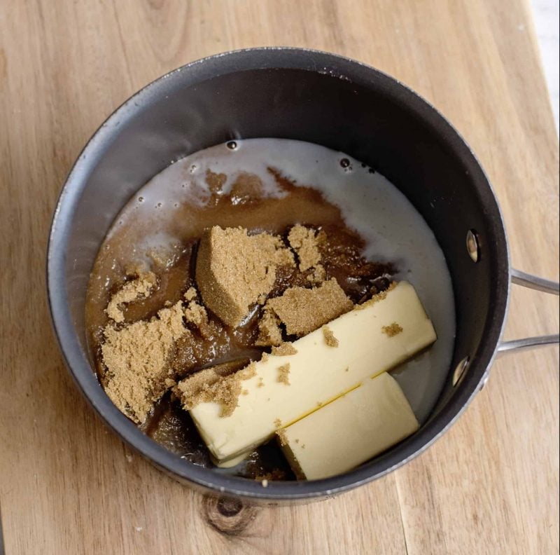 Place milk, butter, and brown sugar in a saucepot.