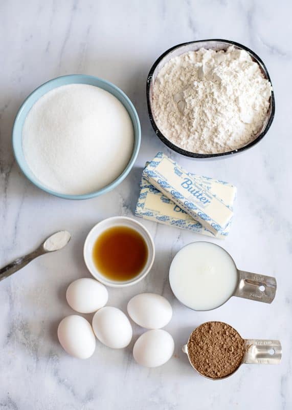 Ingredients for chocolate pound cake with glaze.