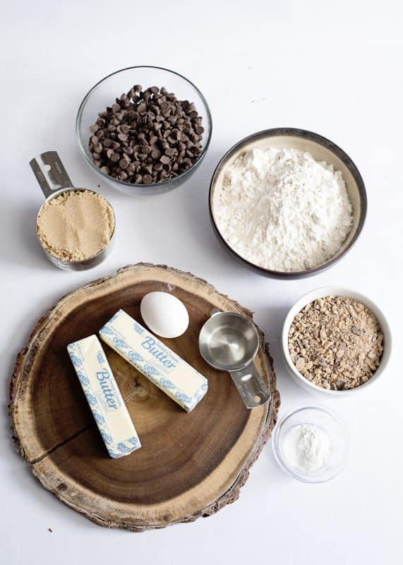 Ingredients for Toffee Chocolate Chip Cookies.