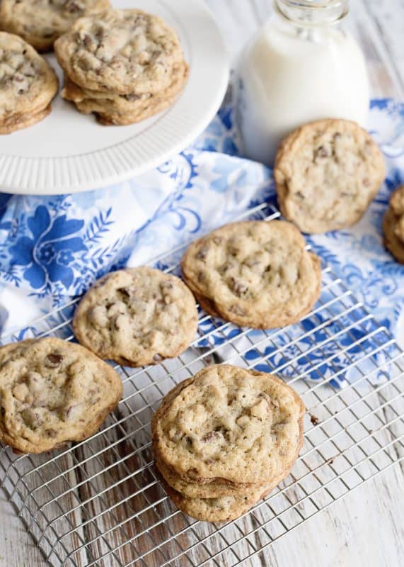 Toffee Chocolate Chip Cookies on wire rack.