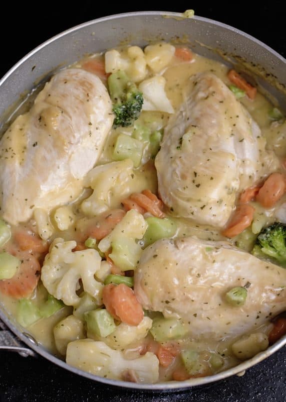 Add frozen veggies to skillet and cook until tender.