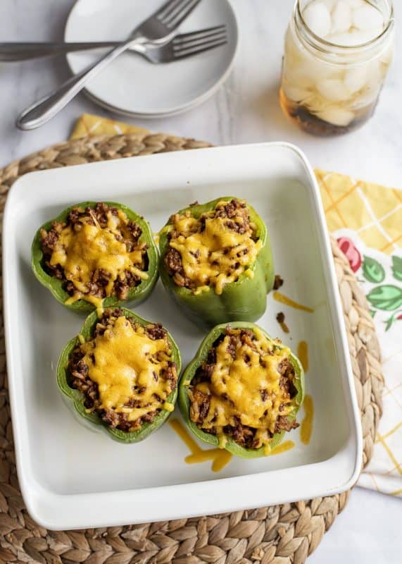 Stuffed Peppers with ground turkey baked in dish