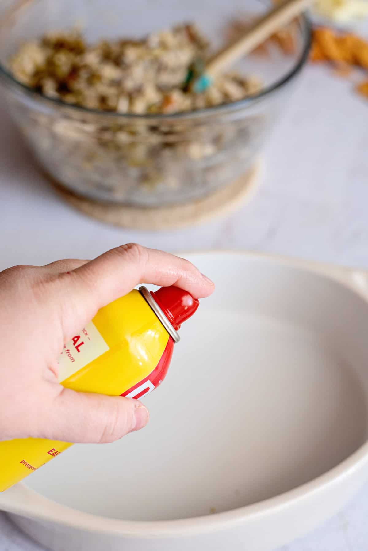 spray a casserole dish with non-stick spray