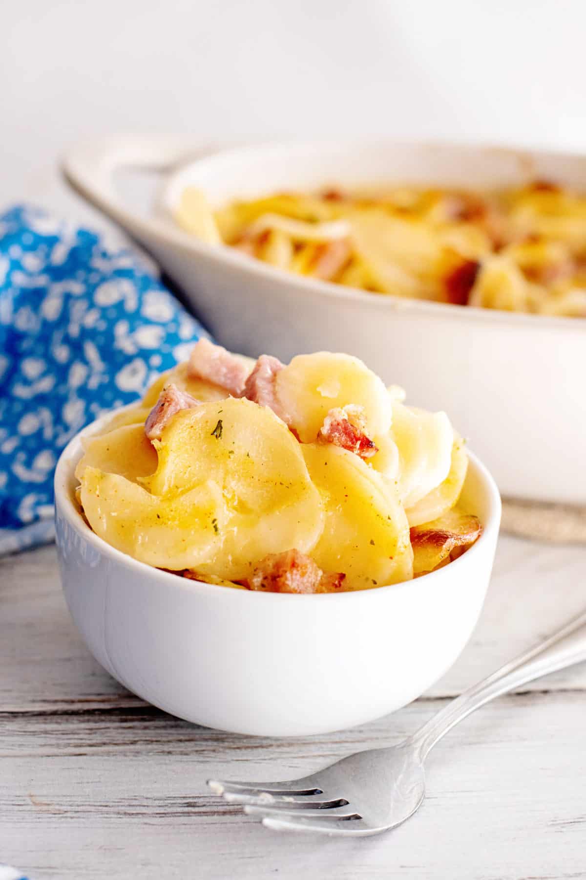 Bowl of ham and potato casserole.