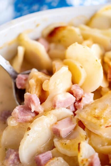 Spoon dipping into ham and potato casserole.