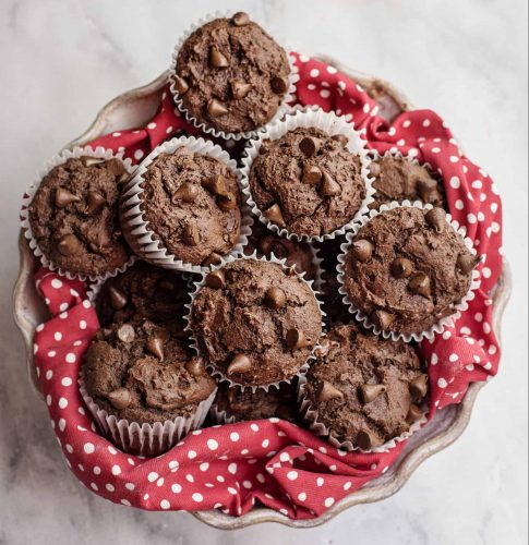 basket of Double Chocolate Chip Muffins