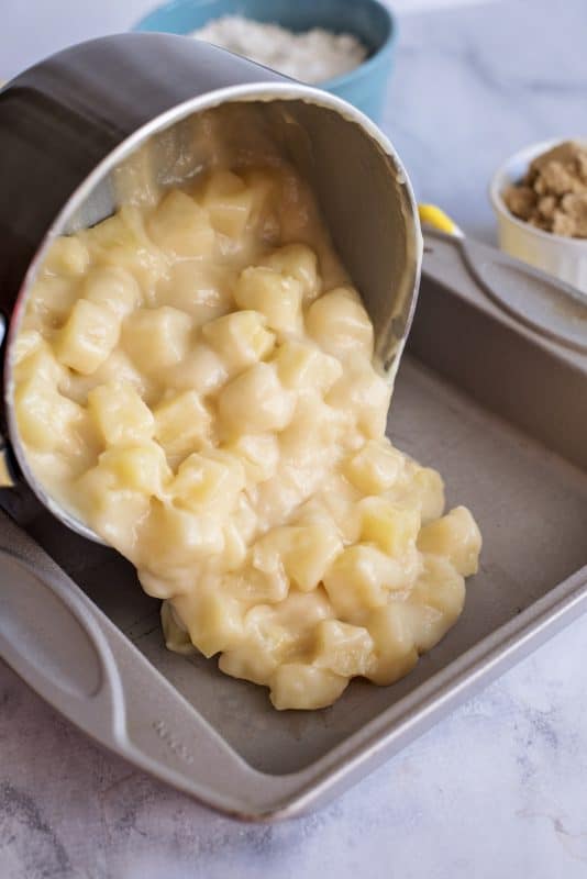 Pour filling into baking dish.